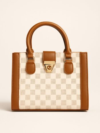 Checkered Canvas Handbag with Tan Trim