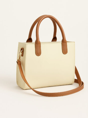 Classic Structured Cream Tote Bag with Brown Handles